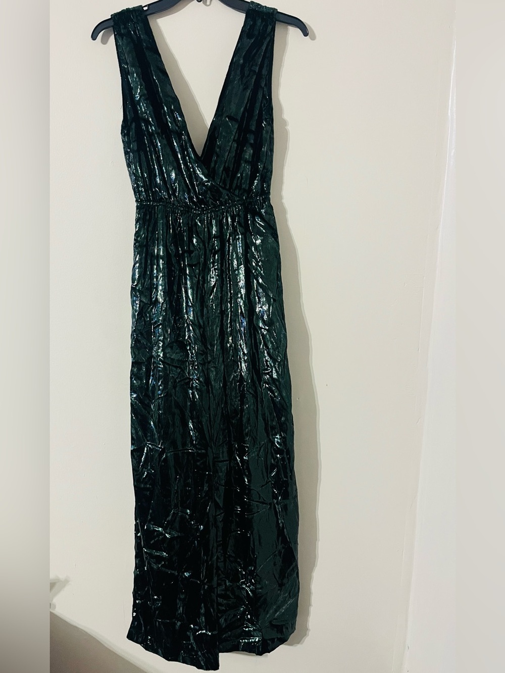 NWT Line & Dot Soft Emerald Green Strappy Velvety Foil jumpsuit Sz XS